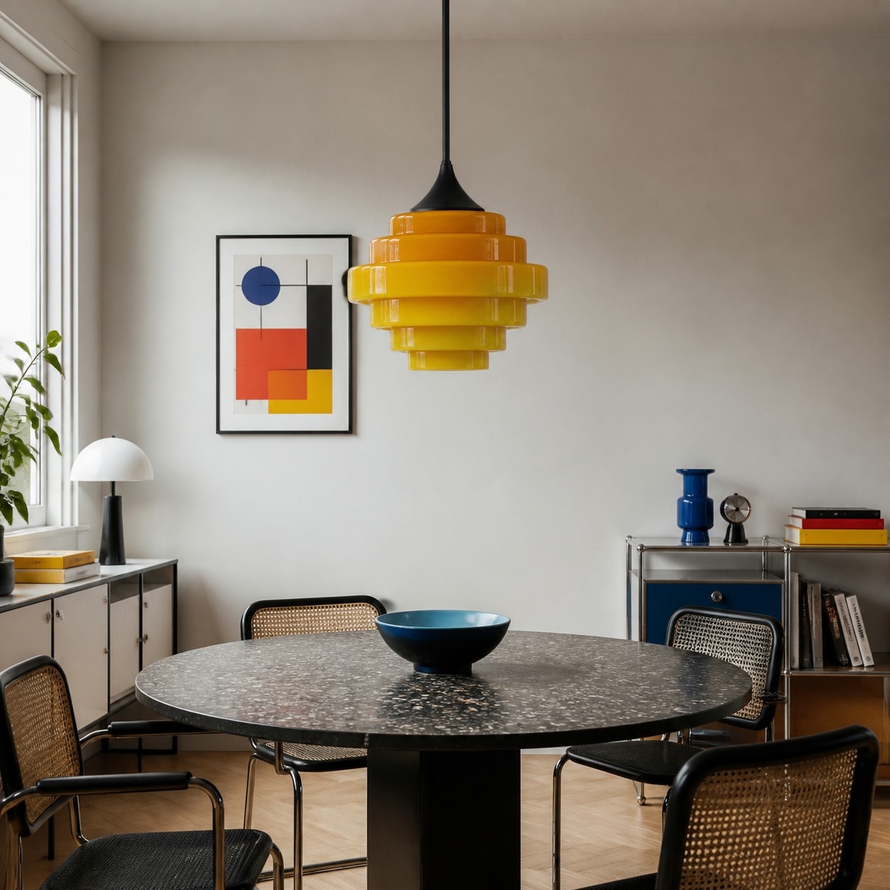 Suspension en verre jaune Sanenos au-dessus d'une table à manger